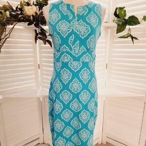 CHARTER CLUB BLUE/WHITE GEOMETRIC V NECK DRESS SIZE SMALL